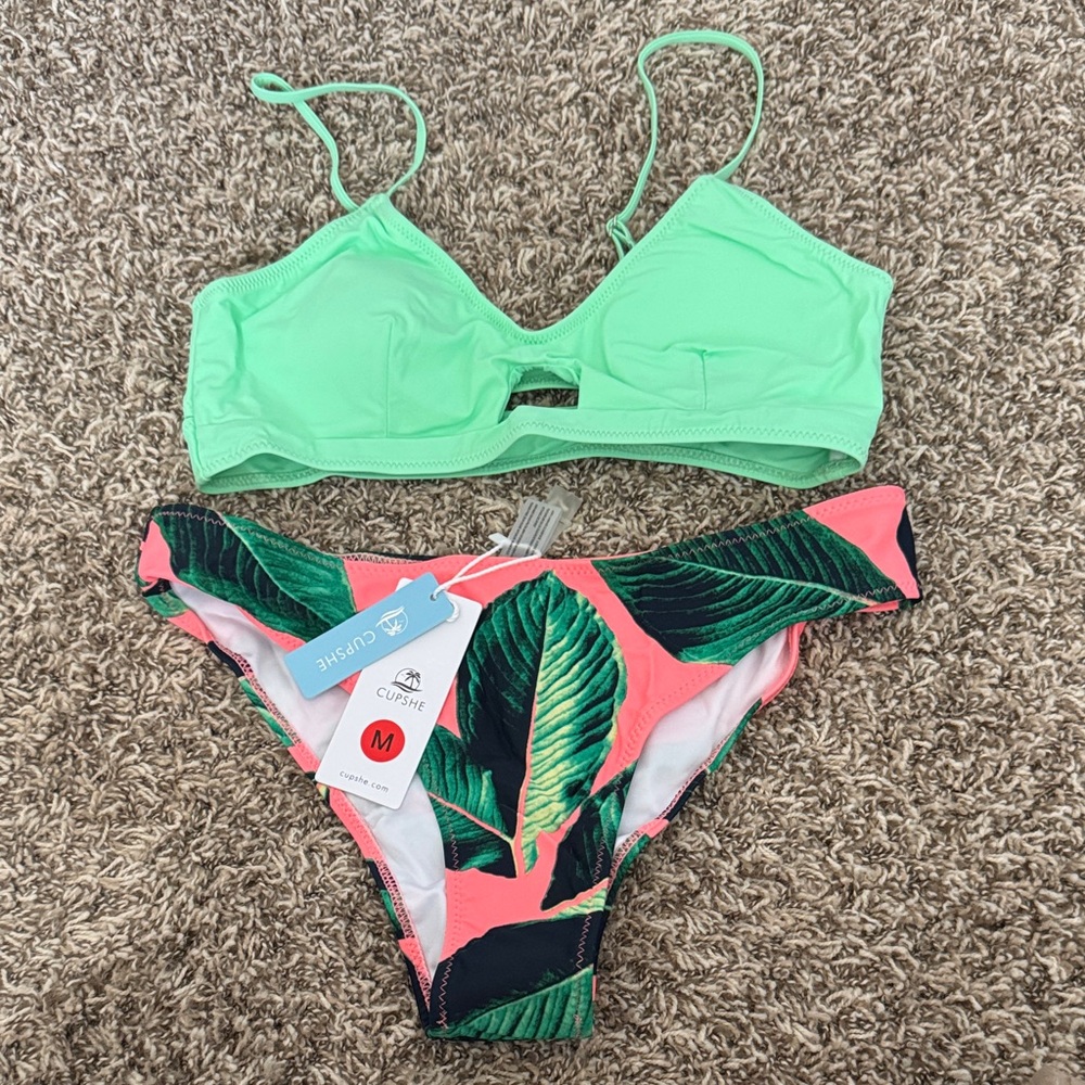 Cupshe Mint Green and Coral Leaf Bikini